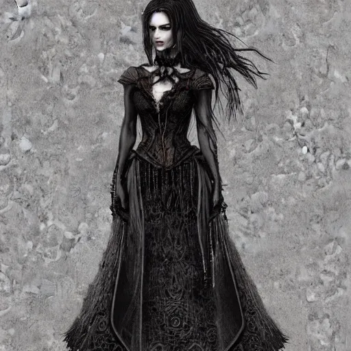Image similar to full length portrait of a woman with timeless beauty & breathtaking eyes dressed in gothic attire, intricate digital art, elegant, DSLR 8K, biblical art, realism, incomprehensible detail, final fantasy & silent hill aesthetic, photorealistic, lifelike, created by Razaras on deviantart