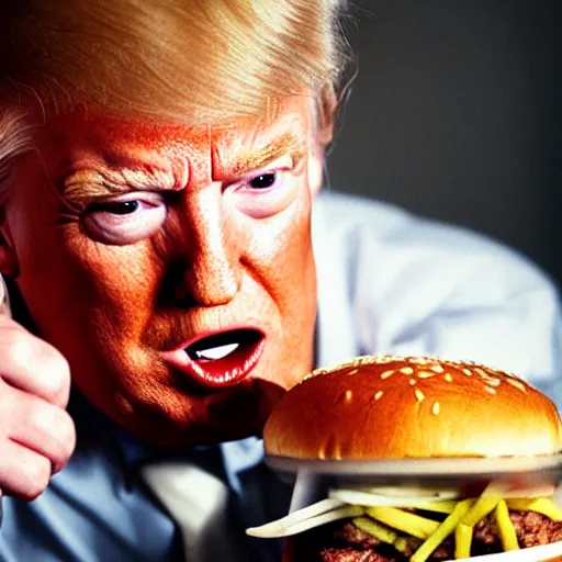 Image similar to closeup portrait of donald trump eating a burger, photograph, natural light, sharp, detailed face, magazine, press, photo, Steve McCurry, David Lazar, Canon, Nikon, focus