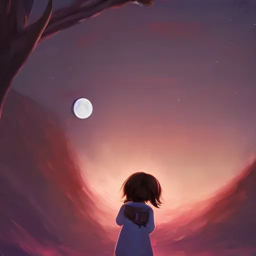 Prompt: At night, a lovely little girl held dog and looked at the Moon,trending on artstation,50mm, by Noah Bradley