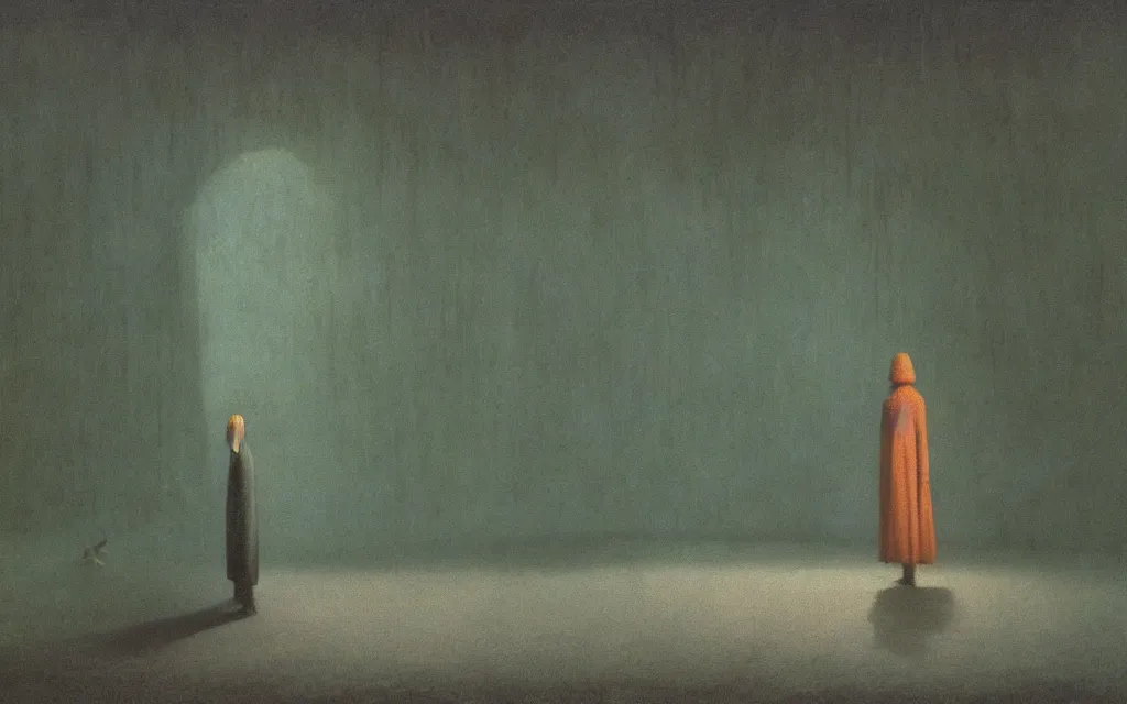 Prompt: high quality high definition colorized movie still from The Cabinet of Doctor Caligari: a lonely ghost walking alone at night in the woods, high quality oil painting by zdzisław beksiński, iridescent color palette