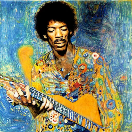 Prompt: Jimy Hendrix playing by Kent Williams and Gustav Klimt