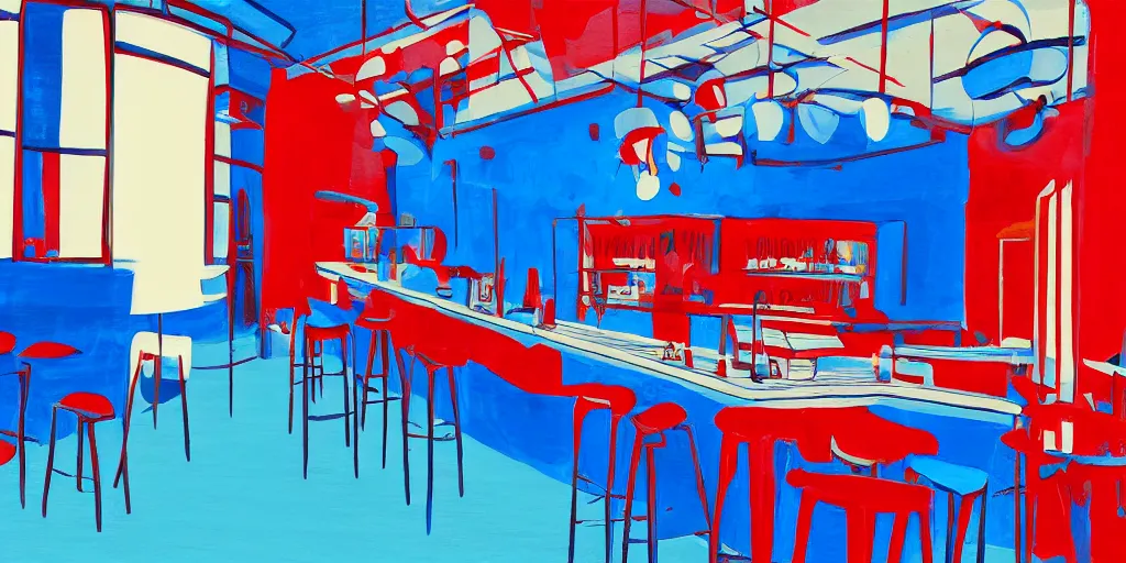 Image similar to cafe interior, blue and red tones, illustration