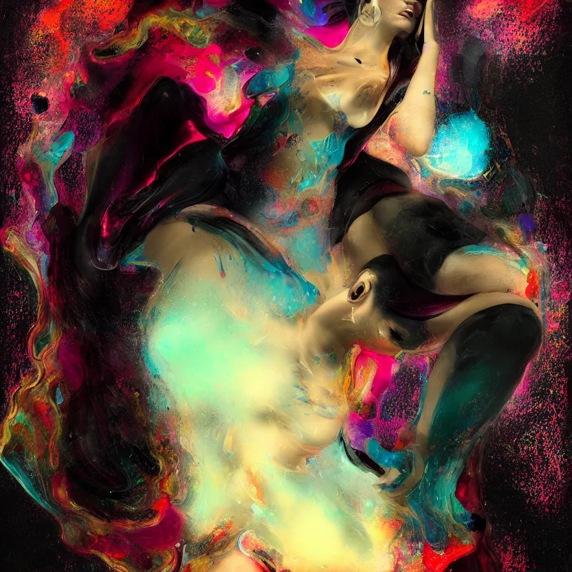 Image similar to a digital painting of a technomancer woman attached by love, floating into a dark void. surrounded by synthesized ai djinn hologram, an ultrafine detailed painting by alberto seveso, a silk screen by julian schnabel, featured on deviantart, modern european ink painting, photoillustration, impressionism, biomorphic, behance hd, lovecraftian