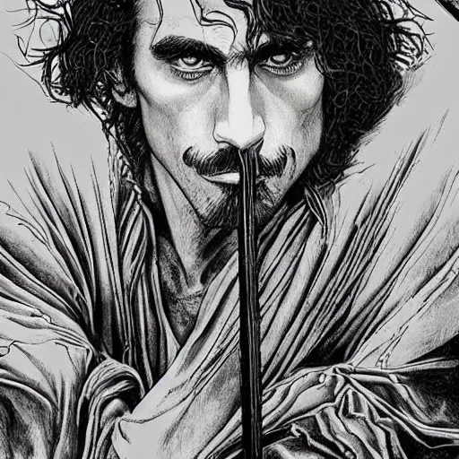 Image similar to pen and ink!!!! attractive!! 22 year old Frank Zappa!! x Jason Momoa x Jared Leto!! golden!!! Vagabond!!!!!!! magic swordsman glides through a beautiful battlefield magic the gathering dramatic esoteric!!!!!! pen and ink!!!!! illustrated in high detail!!!!!!!! by Hiroya Oku!!!!! Written by Wes Anderson graphic novel published on shonen jump 2002 award winning!!!!