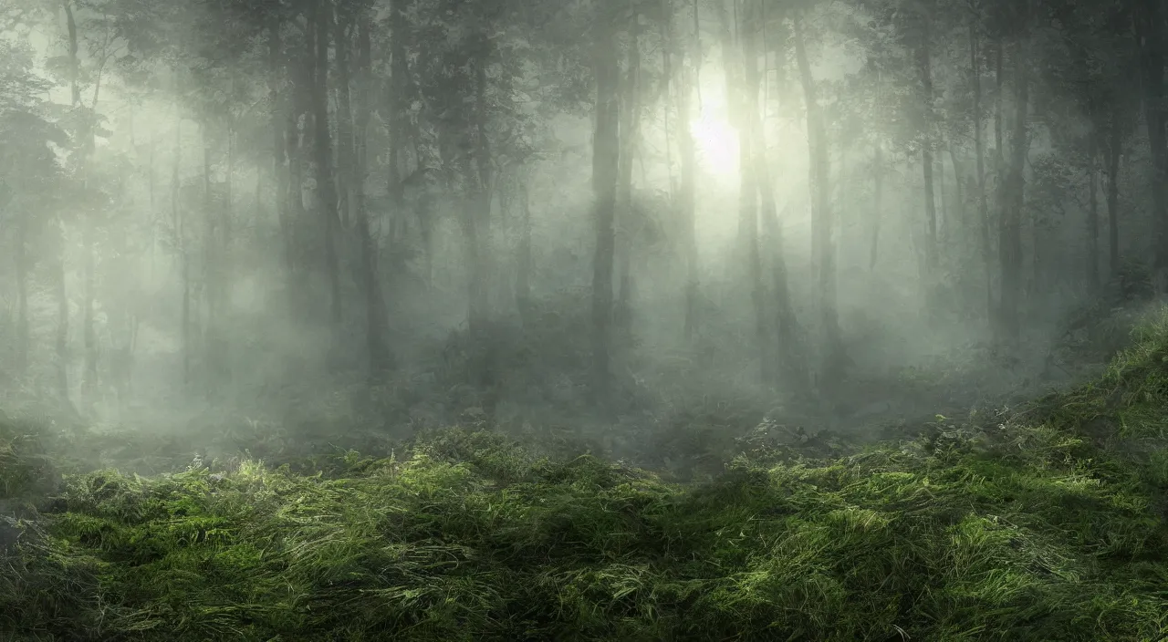 Prompt: photorealistic matte painting of me burns standing far in misty overgrowth undergrowth jagged rock features volumetric fog light rays high contrast dawn