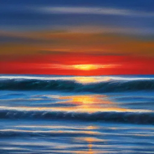 Image similar to sea, wavy, sun at dawn reflecting on the sea cloudy oil painting 4 k