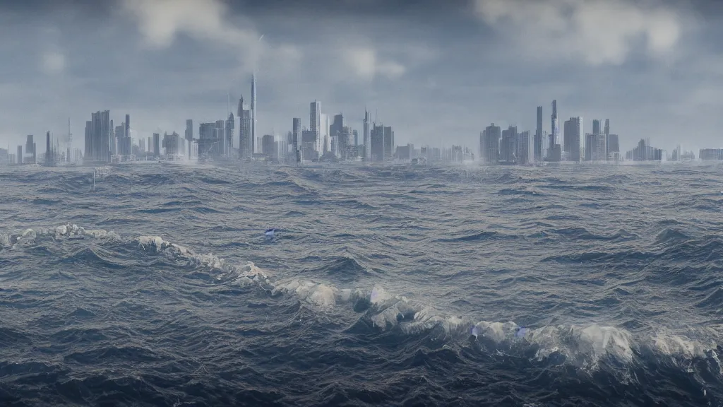 Image similar to a city floating on the ocean, crashing waves, far view, 3 5 mm dslr photograph, photorealistic, 4 k, rendered in octane