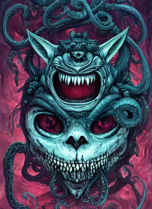 Prompt: cheshire cat, call of cthulhu, half skull half face, highly detailed, cinematic, 8 k, by megan duncanson, benjamin lacombe, adrian borda, stanley artgermm, tom bagshaw, craig mullins, carne griffiths, ayami kojima, beksinski, giger, trending on deviantart, hyper detailed, horror, full of colour