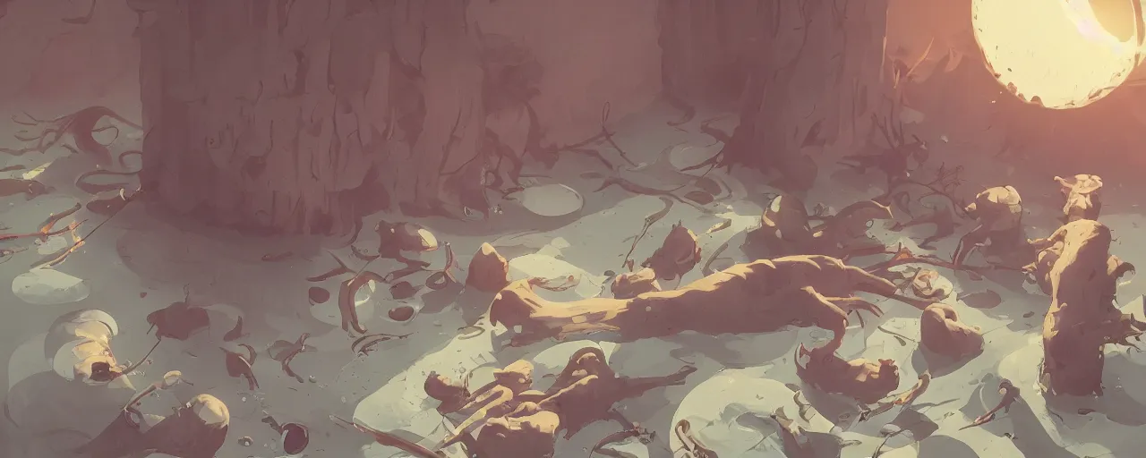 Image similar to piranhas devouring a bloody seal skeleton, blood in the water, atey ghailan, goro fujita, studio ghibli, rim light, terrifying, dark lighting, clear focus, very coherent