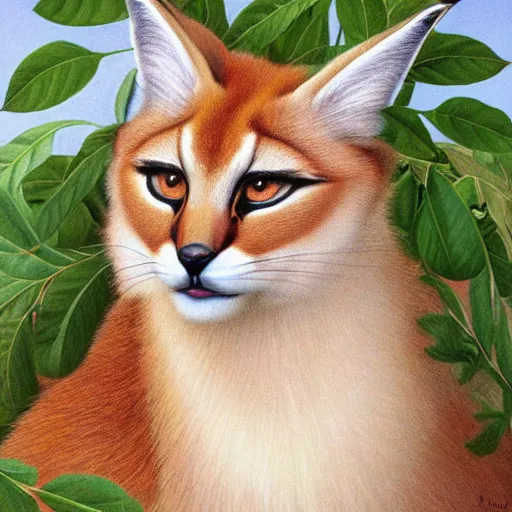 Prompt: cute fluffy caracal wearing laurel wreath, illustration, high detail, francine van hove