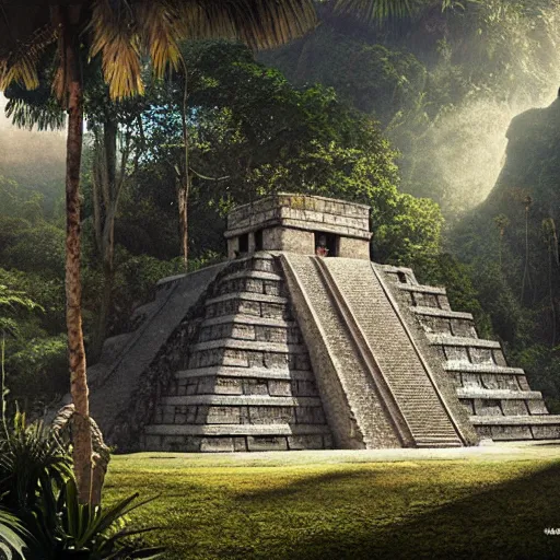 Prompt: mayan temple in the jungle, by tom bagshaw, by rembrandt, sunlit, hdrmist, octane render