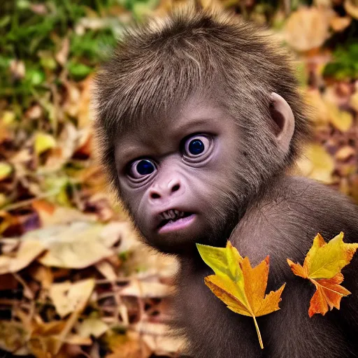 Image similar to award winning hyper realistic photograph of a baby sasquatch portrait hiding in the leaves peering out timidly with with large cute eyes