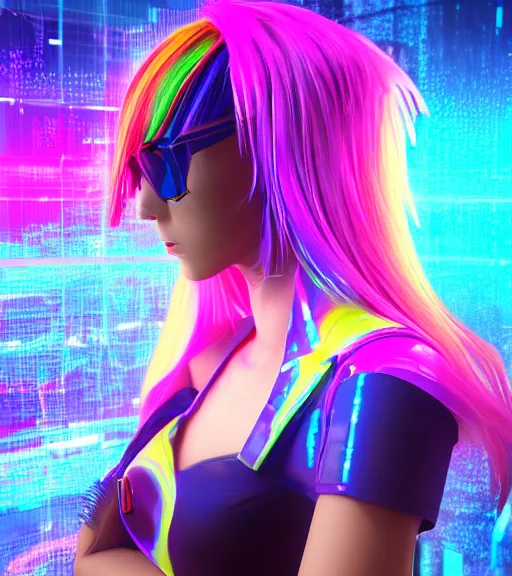 Prompt: a cyberpunk woman with rainbow hair wearing a flared mini skirt, vaporwave, glitch art, 9 0 s vhs aesthethic, digital art by wlop, by hideaki anno, neon lights, octane render, anime style