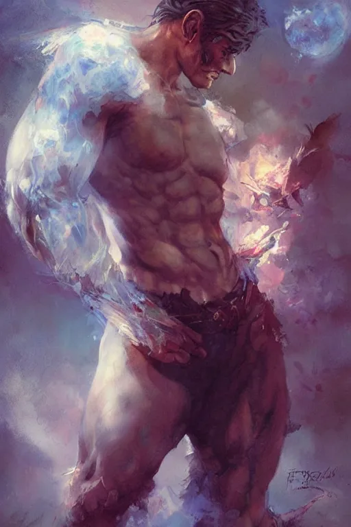 Prompt: a portrait of a handsome ripped magical fantasy fairy man by Frank Frazetta, WLOP and ross tran