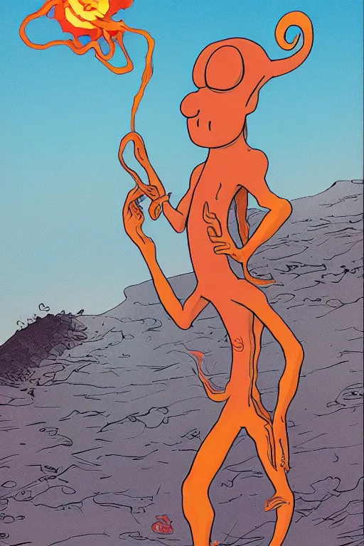 Image similar to squidward firebending outside at susnset, art by moebius