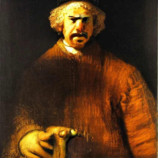 Prompt: Rembrandt self portrait, with robotic hands