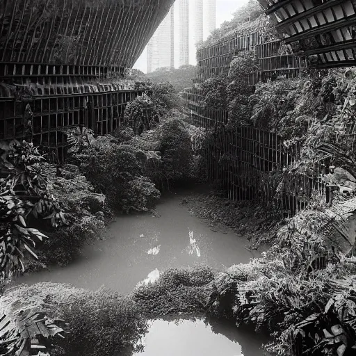 Prompt: j g ballard drowned world, flooded remains of brutalist london, overgrown by dense jungle under a hazy tropical sky