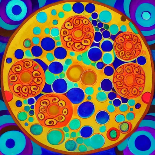 Prompt: a wonderful painting of circles with fractal shapes on a background, all painted in a multicolored chinese ink style and the style of artist akiko nakayama