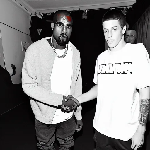 Prompt: a black and white photo of kanye west and pete davidson shaking hands