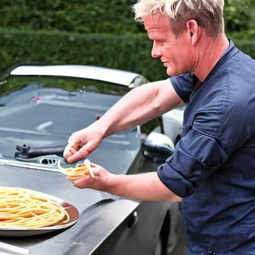 Image similar to <photo hd>Gordon Ramsey cooking spaghetti on the hood of his car</photo>