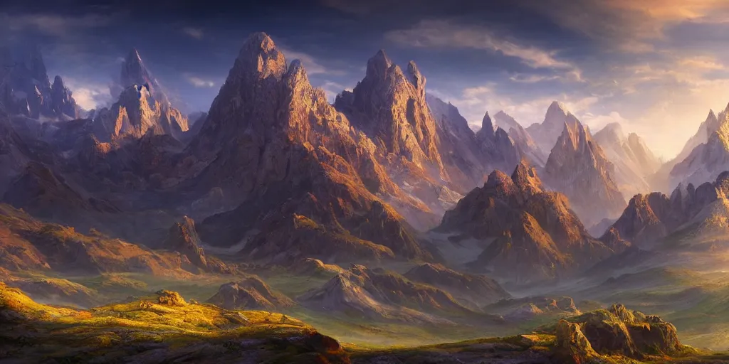 Image similar to The god-like landscape with mountains in the background, Sci-Fi fantasy desktop wallpaper, painted, 4k, high detail, sharp focus