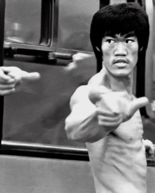 Image similar to bruce lee demonstrates using his nunchucks while riding a subway train