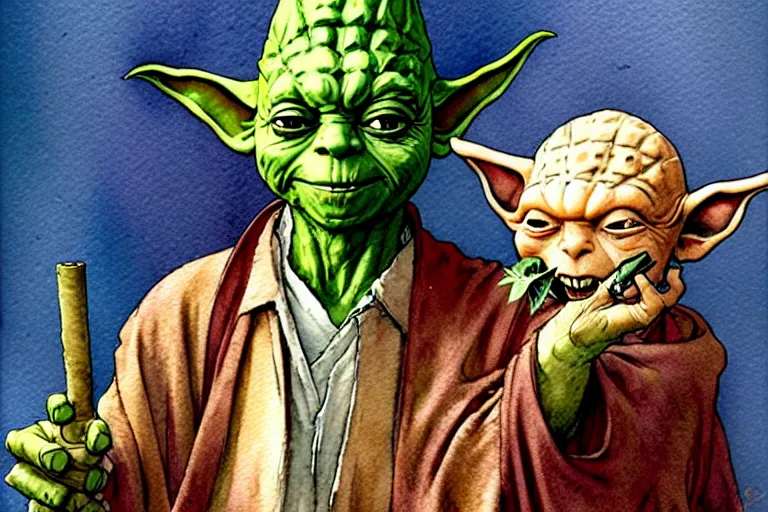 Prompt: a realistic and atmospheric watercolour fantasy character concept art portrait of yoda with bloodshot eyes laughing holding a blunt with a pot leaf nearby, by rebecca guay, michael kaluta, charles vess and jean moebius giraud