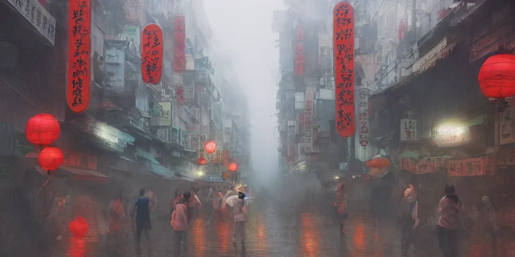 Image similar to petaling street chinatown, foggy rainy day, matte painting, studio ghibli, artstation