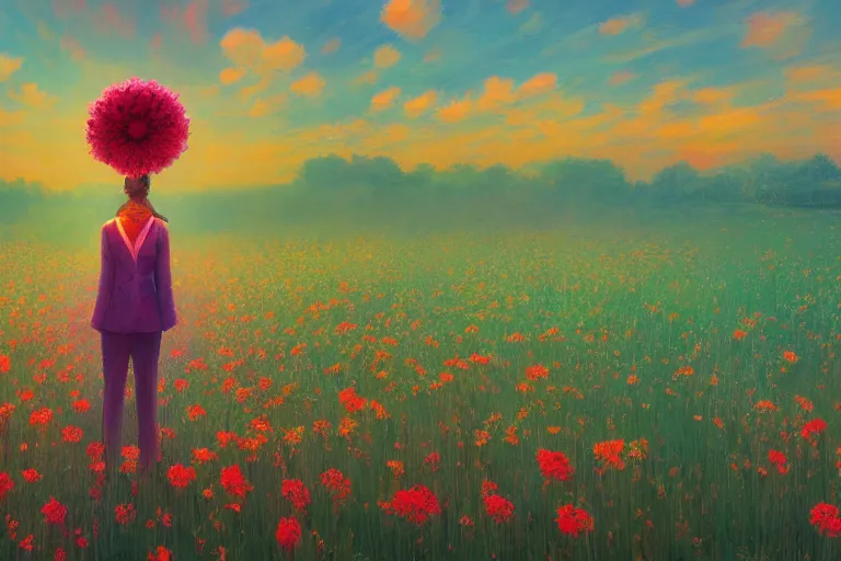 Image similar to closeup, giant flower head, girl in suit floating above field of flowers, surreal photography, sunrise, blue sky, dramatic light, impressionist painting, digital painting, artstation, simon stalenhag