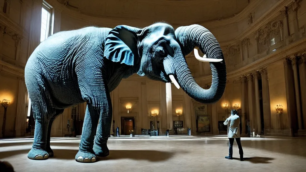 Image similar to the strange elephant in city hall, made of wax and water, film still from the movie directed by Denis Villeneuve with art direction by Salvador Dalí, wide lens