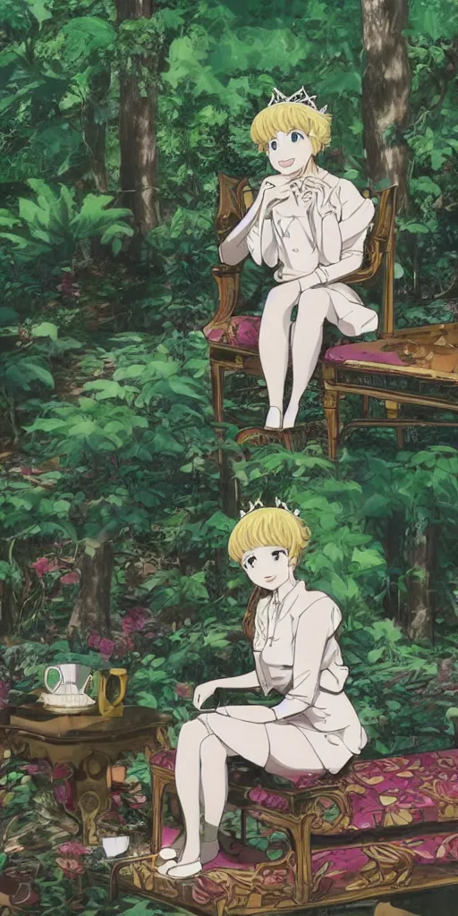 Image similar to the queen of good vibes sitting by herself on a sofa in a forest, drawn by CloverWorks, intricate detail