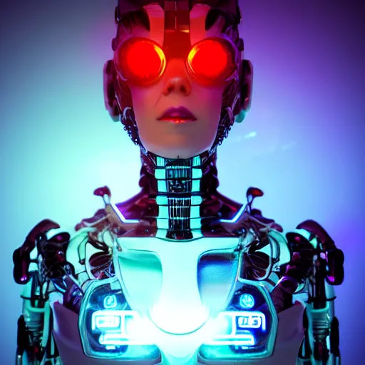 Image similar to beautiful japanese cyborg with digital led skin, neon lighting, techno neon projector background, portrait photo, unreal engine 5, depth of field, bokeh