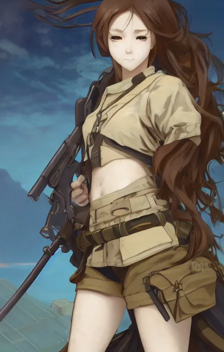 Prompt: infantry girl, anime style, symmetrical facial features long hair, hair down, under heavy fire, smoke explosions, visual novel character sheet, hyper realistic, pale skin, rule of thirds, extreme detail, 4 k, detailed drawing, trending artstation, realistic lighting, by alphonse mucha, greg rutkowski, sharp focus, backlit, combat vest