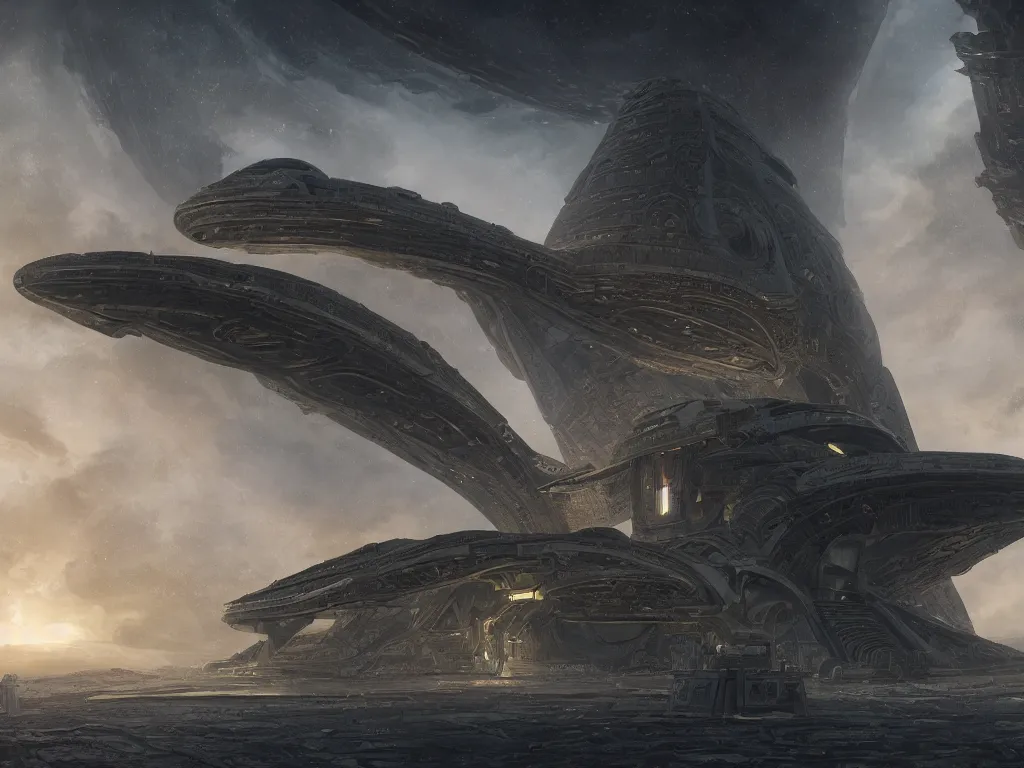 Prompt: goa'uld mausoleum spaceship, highly detailed, intricate, by Raphael Lacoste, Eddie Mendoza, Alex Ross, background of outer space nebulas by Pilar Gogar, concept art, matte painting, 8K HDR