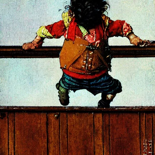 Image similar to close up portrait of dwarf jumping from balcony by norman rockwell, illustration, 5 0 mm lens,