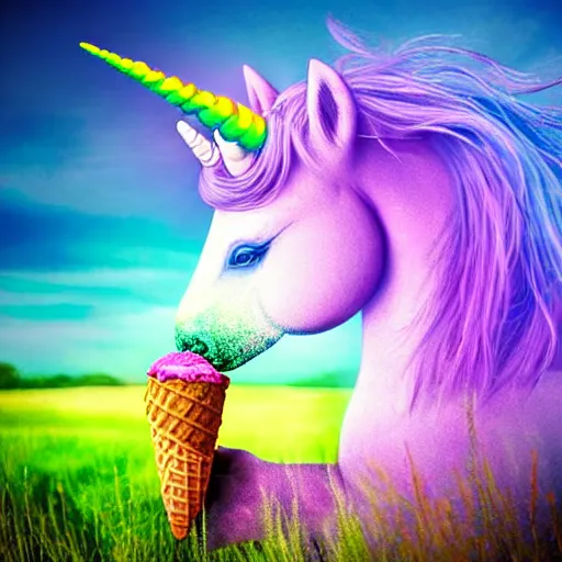 Prompt: an ultra high definition pastel coloured wildlife photograph of a magic unicorn with a glittery magic horn eating an ice cream in a magical field. refraction, volumetric lighting iridescence.