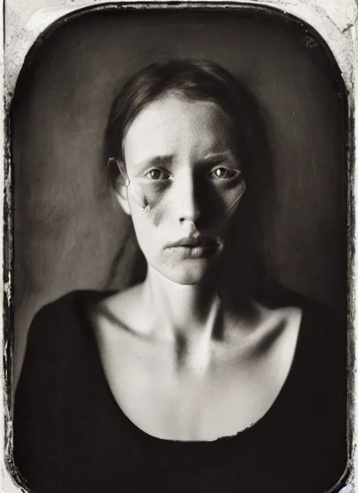 Prompt: portrait of a young blind women, hyperrealism, photo realistic, detailed, award winning photograph, cinematic lighting, ambrotype wet plate collodion by richard avedon and shane balkowitsch