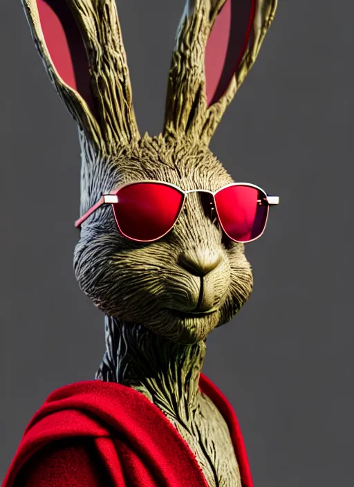 Prompt: rabbit groot as marble statue with sunglasses, red sunglasses, in red background, soft red texture, red realistic 3 d render, high red lights, 4 k, high detailed photography cape, 5 0 mm lens, rich red colors, smooth gradients, depth of field, cinematic, hyper realism, high detail, octane render, unreal engine, 8 k, very red colors