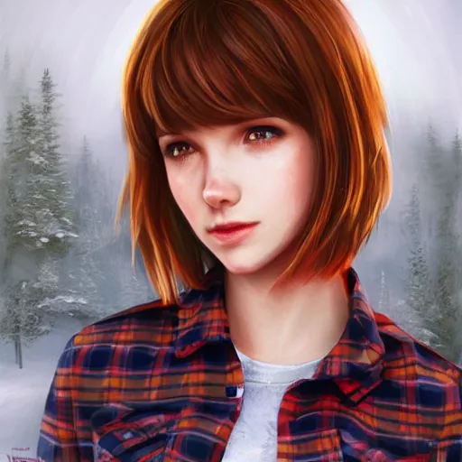 Image similar to max caulfield wearing a red plaid flannel shirt, fantasy, intricate, young and cute, highly detailed, digital painting, artstation, concept art, smooth, sharp focus, illustration, unreal engine, life is strange, Edouard Caplain