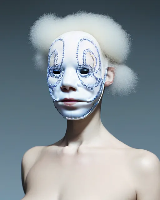 Image similar to portrait of a woman wearing a white embroidered translucent silicone mask and white blue frizzy hair buns, wearing a black bodysuit by alexander mcqueen, cream white background, soft diffused light, biotechnology, humanoide robot, bjork aesthetic, translucent, by rineke dijkstra, intricate details, highly detailed, masterpiece,