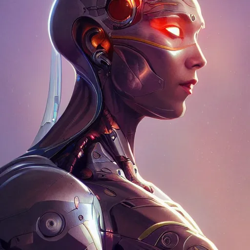 Image similar to cyborg from another dimension, cinematic lighting, intricate, elegant, highly detailed, digital painting, artstation, sharp focus, illustration, art by artgerm and greg rutkowski and alphonse mucha and Wayne Barlowe and william-adolphe bouguereau