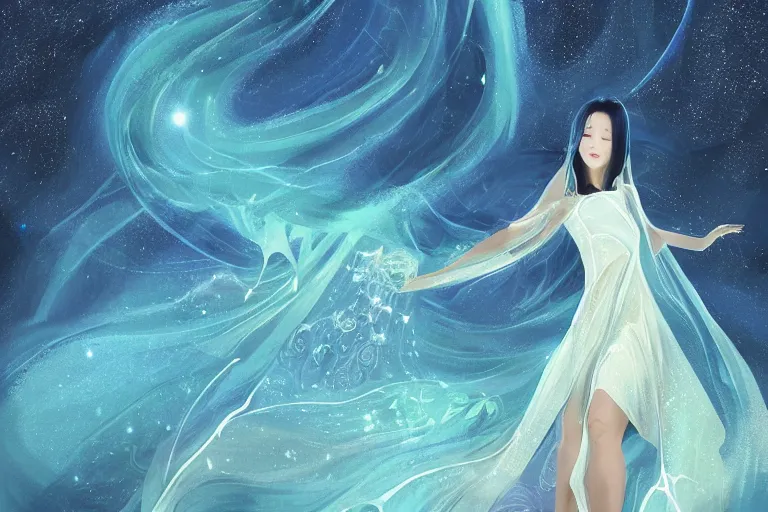 Image similar to beautiful Wizard Korean Goddess wearing chic dress relaxing at the Sea Of Stars of Vaadhoo Island Maldives, Bioluminescent sea plankton that shines bright blue during the night makes the sea area, glowing water, intricate, elegant, luxurious, digital painting, concept art, smooth, sharp focus, from Star Trek 2021, illustration, by WLOP and Ruan Jia and Mandy Jurgens and William-Adolphe Bouguereau, Artgerm