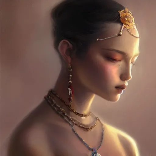 Prompt: a beautiful portrait of a pearl goddess with glittering skin, a detailed painting by greg rutkowski and raymond swanland, featured on cgsociety, fantasy art, detailed painting, artstation hd, photorealistic