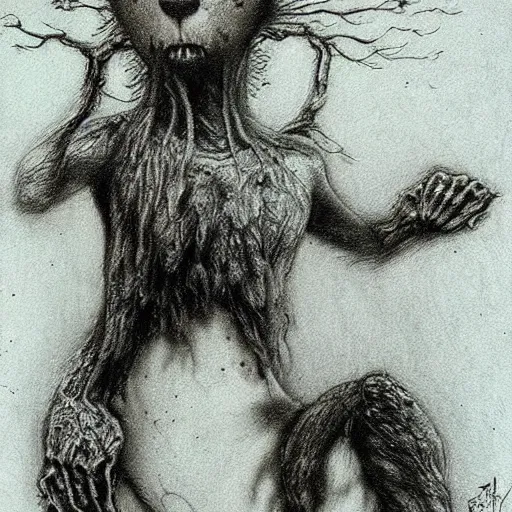 Image similar to grunge drawing of a cartoon teddy bear by - Zdzisław Beksiński , corpse bride style, horror themed, detailed, elegant, intricate