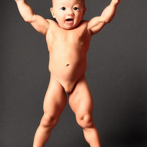 Image similar to an extremely muscular baby flexing, steroid use, epic, high detail, high contrast