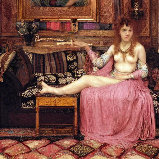 Prompt: a renaissance oil painting by Alma Tadema of a ghost woman inside an intricately decorated living room, pastel color scheme, digital painting, high detail