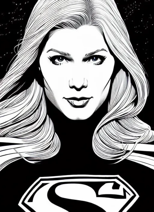 Prompt: supergirl, extremely detailed, bold line art, by vincent di fate and joe fenton and artgerm, inking, etching, screen print, masterpiece, trending on artstation, sharp, high contrast, hyper realistic, hd, 4 k, 8 k