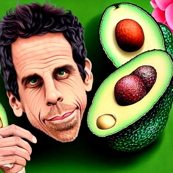 Image similar to ultra realistic illustration of ben stiller in the lotus position meditating with closed eyes, balancing stack of avocado on his head