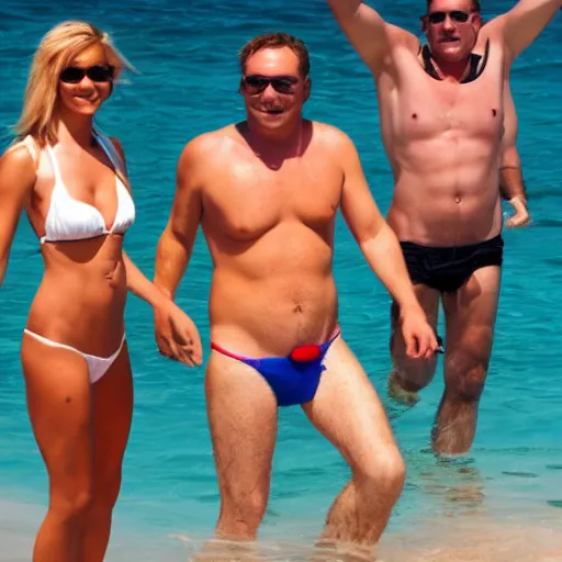 Image similar to photo of a 4 0 year old white man living the best life possible. he looks young for his age. women in bikinis are next to him, it's as if he were in a music video and didn't know it.