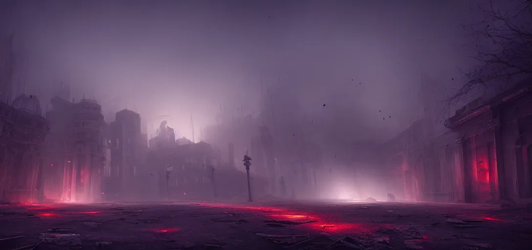 Prompt: dramatic eerie render of dark abandoned ruined city at night, accurate ray tracing, mysterious fog, glowing lights, ghostly particles, glowing red streelights, ruined remains of vehicles, ambient occlusion, unreal engine, detailed, vibrant, artstation, by dylan cole and jordan grimmer